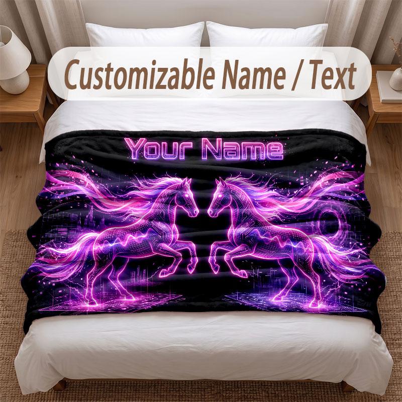 Horse Theme Soft Blanket Personalized Custom Name Text Print Warm Blanket Home Sofa Bedroom Decor