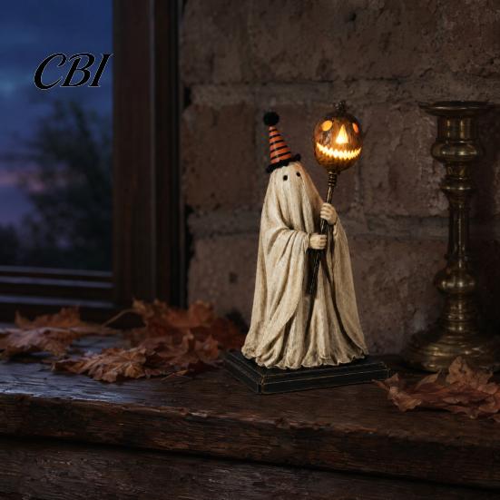 Decorazione Fantasma in Tessuto Shabby Statuetta Vintage con Scettro Zucca Luminoso, Ornamento di Halloween Luce LED Ambra Calda Luce, Resina Illuminata per Interni