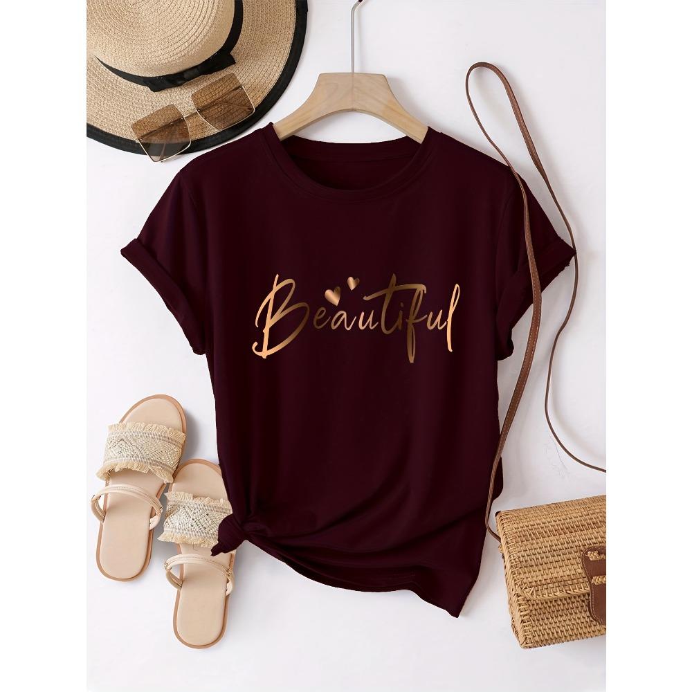 Beautiful Gold Script Women s Tee - Casual Burgundy Graphic Top M