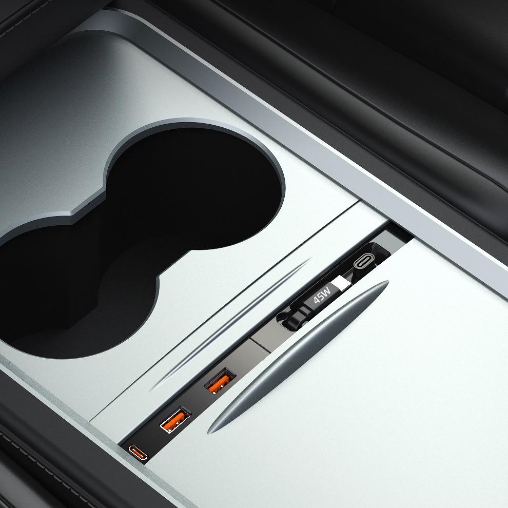 Tesla Model 3/Y Sliding Cover Dock: Dustproof 45W GaN Fast Charger Expansion.