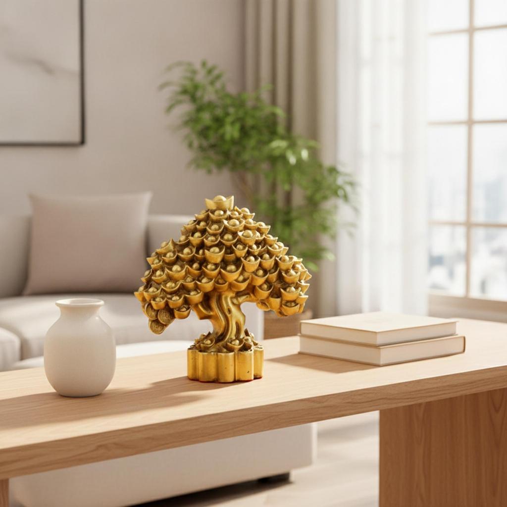 Golden Brass Tree Prosperity-Themed, Money Tree, Gold-Toned, Decor, for