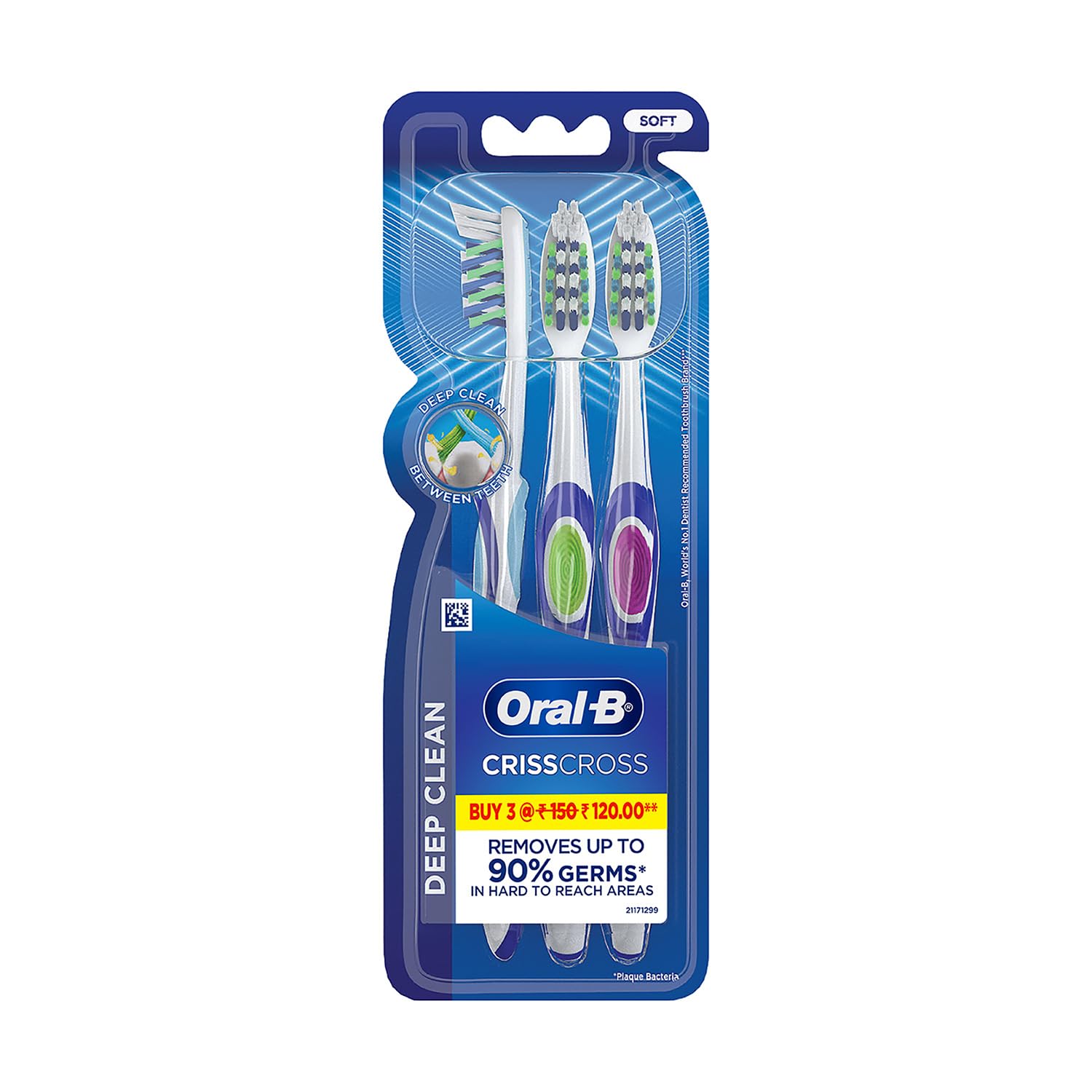 

Oral-B Crisscross Soft Bristles Toothbrush For Adults, Multicolour Toothbrush Set, (Pack of 3)