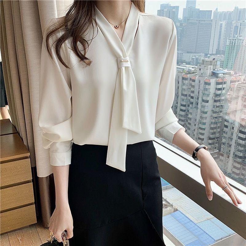 white v-neck long sleeve satin blouse with tie neck detail for women S белый