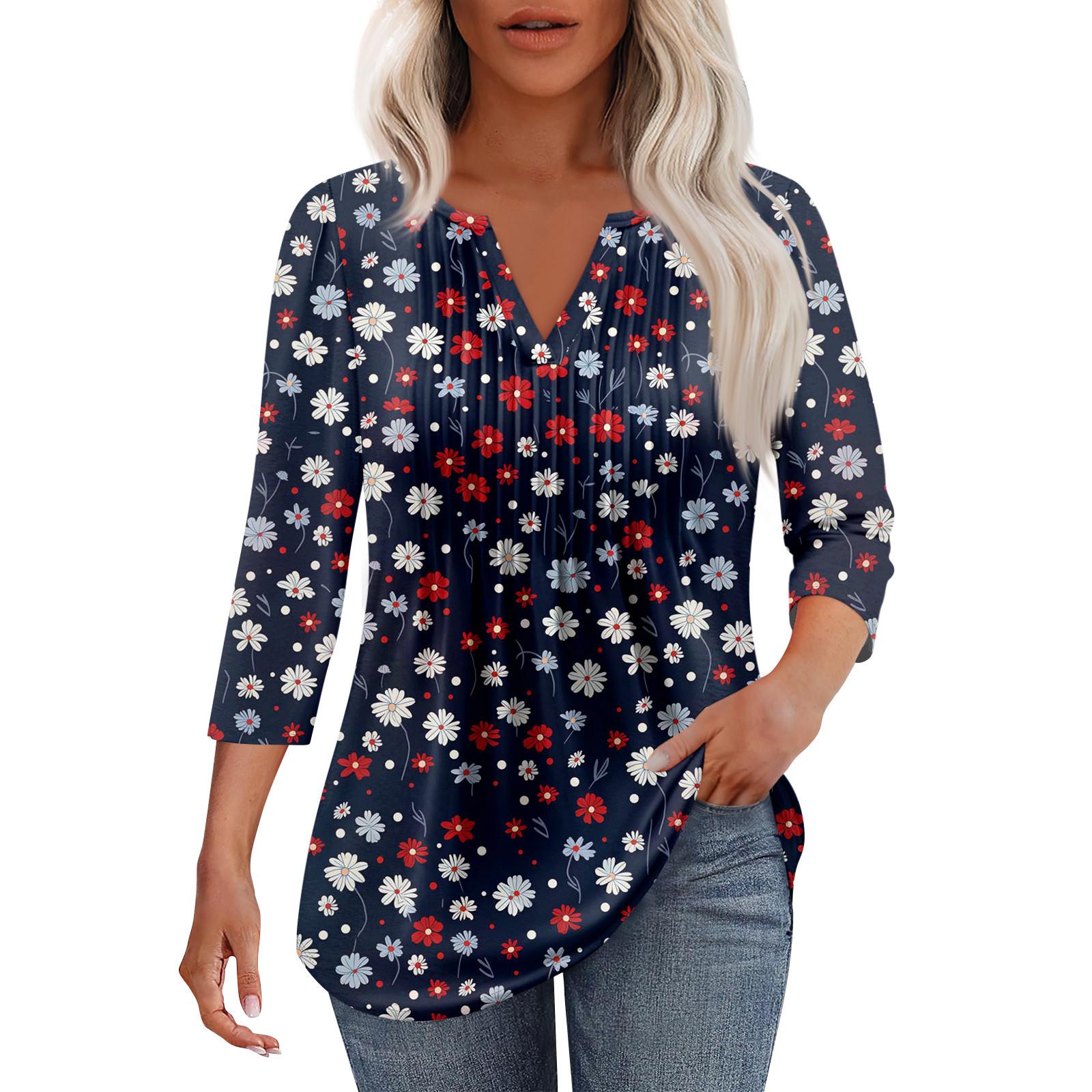 

Женская модная повседневная плиссированная футболка с V-образным вырезом и рукавом семь четвертей S тёмно-синий