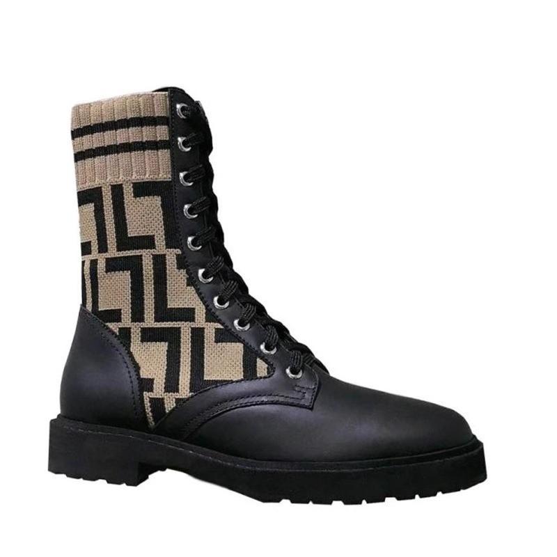 F home cowhide design sense knitted short boots women s low heel autumn and winter elastic thin boots round head Martin boots elastic socks boots 40 коричневый 7090₽