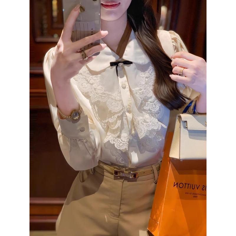 Women s Elegant French Lace Lapel Blouse M