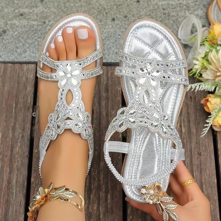 Summer New Flat Bottom Large Size Rhinestone Flower Elastic Fish Mouth Sandals Women