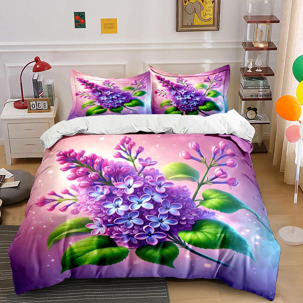 Purple Lilac Flowers With Green Leaves Duvet Cover Set With 3D Printing Design Soft Polyester Bedding Set All-Season Comfort