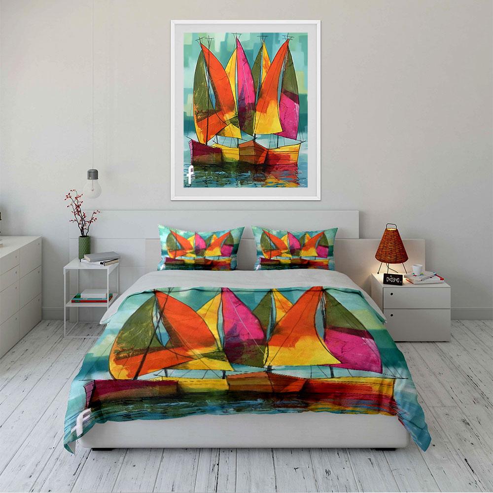 Colorful Sailboat Painting Bedding Duvet Cover Set Duvet Cover Pillowcases  (1*Duvet Cover 2*Pillowcases, Without Duvet Insert)
