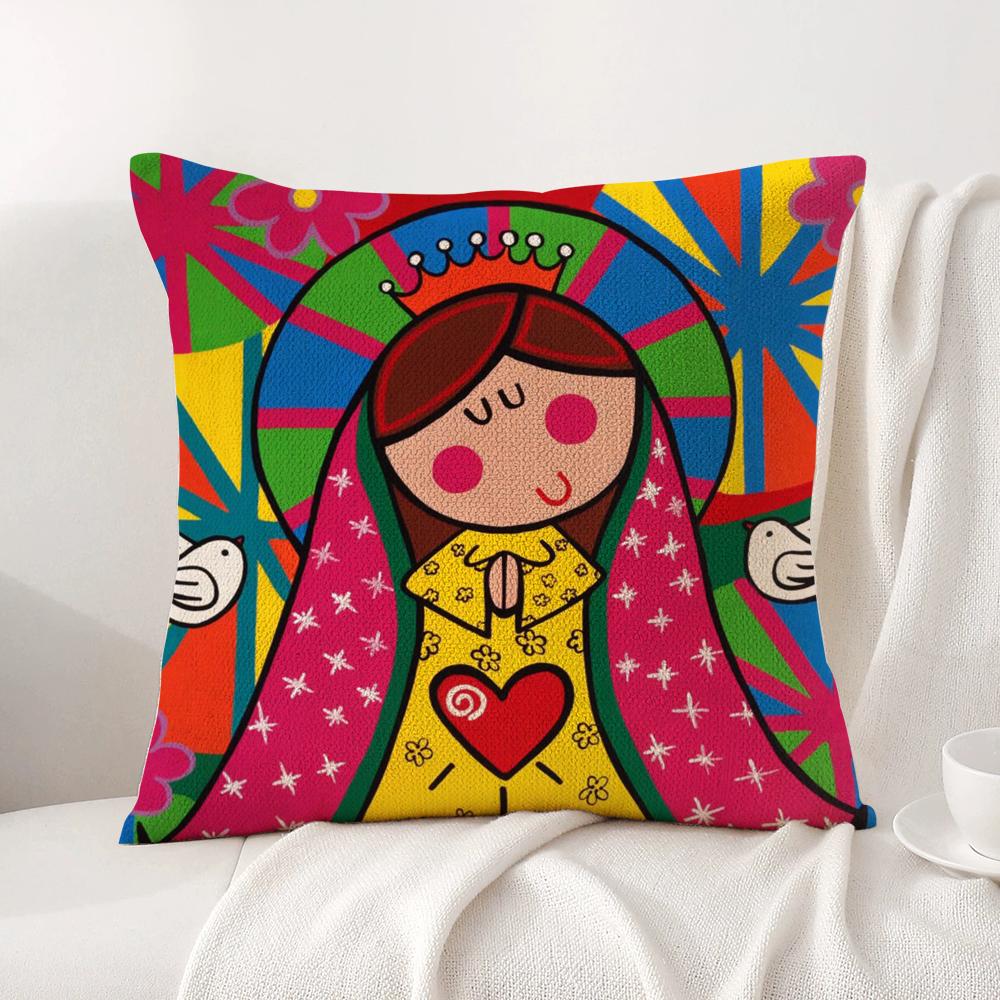 Cartoon Virgin Mary Art Cushion Cover Summer Coolness Linen Fabric Double-Sided Printing Pillow Case Sofa Home Decor Gift