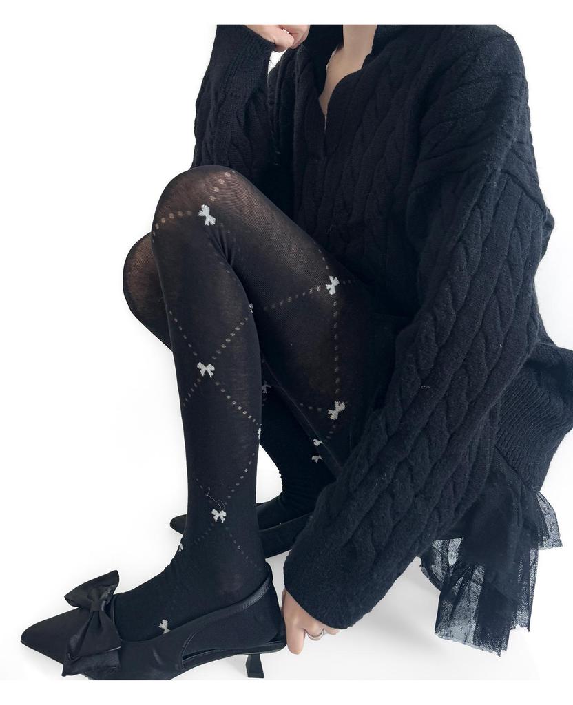 Grey Diamond Bow Embroidery Slimming Tights for Women