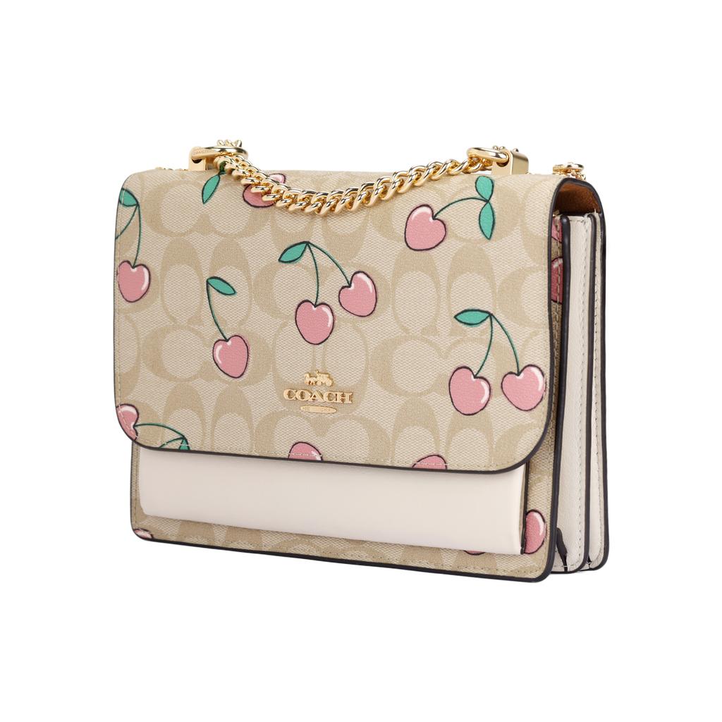 Coach Klare 22 Herz Kirsche Print Beschichtetes Canvas Und Glattes Leder Schulter Crossbody Tasche Klein Damen Taschen Braun Weiß CE610-IMOT4