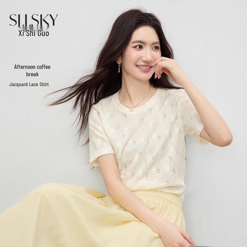 Sllsky Women s Jacquard Lace Short Sleeve T-shirt XL