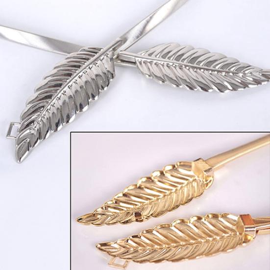 Women's Leaf Design Vintage Style Belt Elastic Clasp Metal Waist Femme Waistband