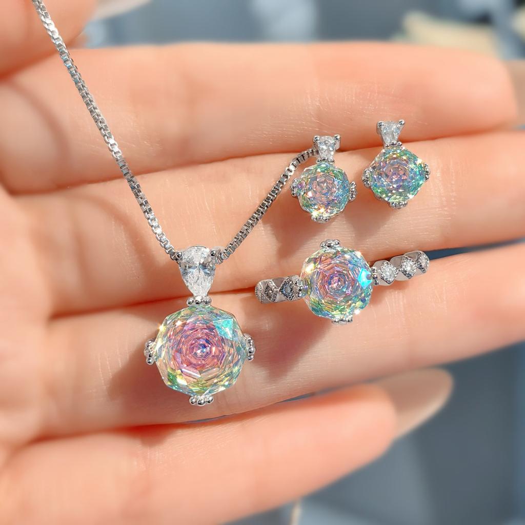 Octagonal Millennium Rose Cut Colorful Pink Diamond Pendant Set High Carbon Diamond Paraiba Ring Earrings