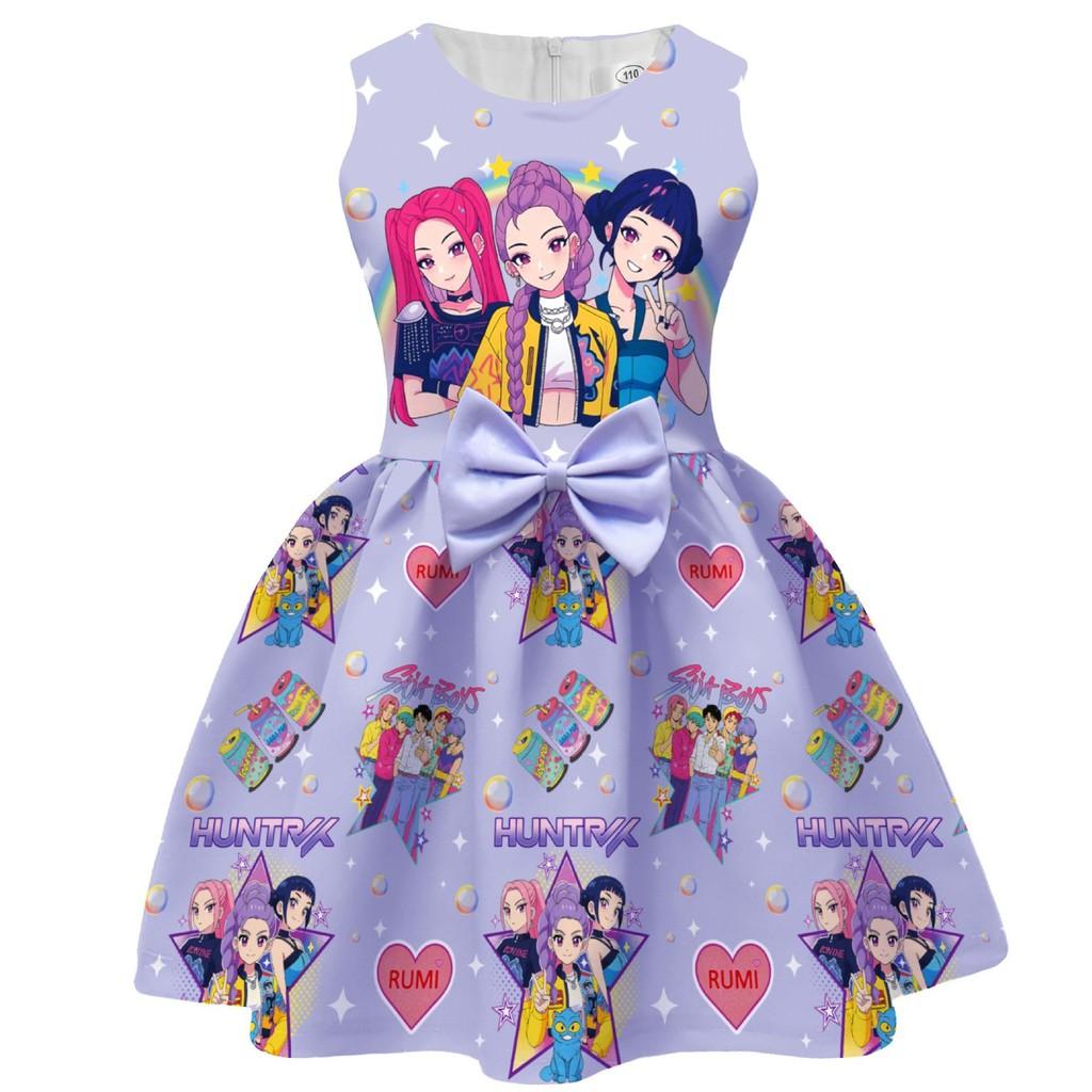 Kinder Mädchen Film POP Rumi Zoey Mira Print Ärmellos Schleife Lässig Party Prinzessin Kleid