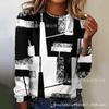 Damen Rundhals Langarm T-Shirt Mit Abstraktem Geometrischem Print Lässiges Schwarz-Weißes Oberteil