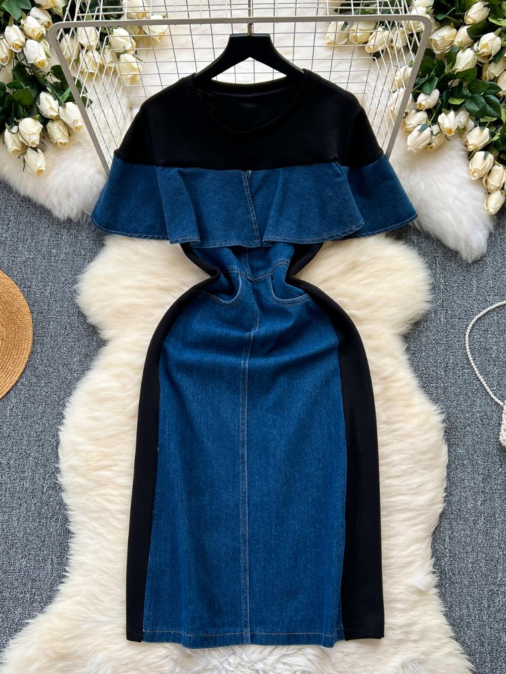 

Элегантное лоскутное платье трапециевидной формы с высокой талией, облегающее винтажное корейское платье с оборками, Vestidos, новое модное женское платье из двух предметов XL чёрный