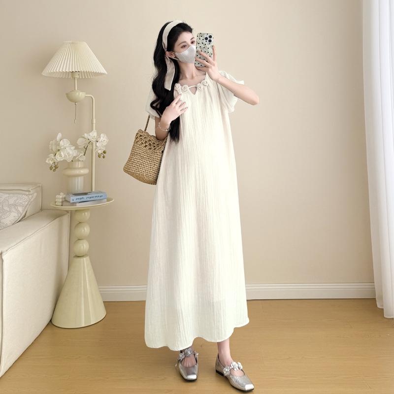 Summer 2026 Korean-Style Maternity Dress – Gentle Puff Sleeves, Flattering Fit