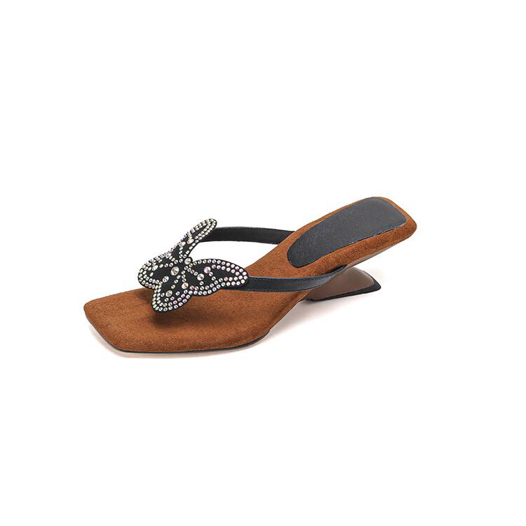 French stunning high-heeled sandals women's summer wear fashion bow rhinestone leather cool slippers toe flip-flops