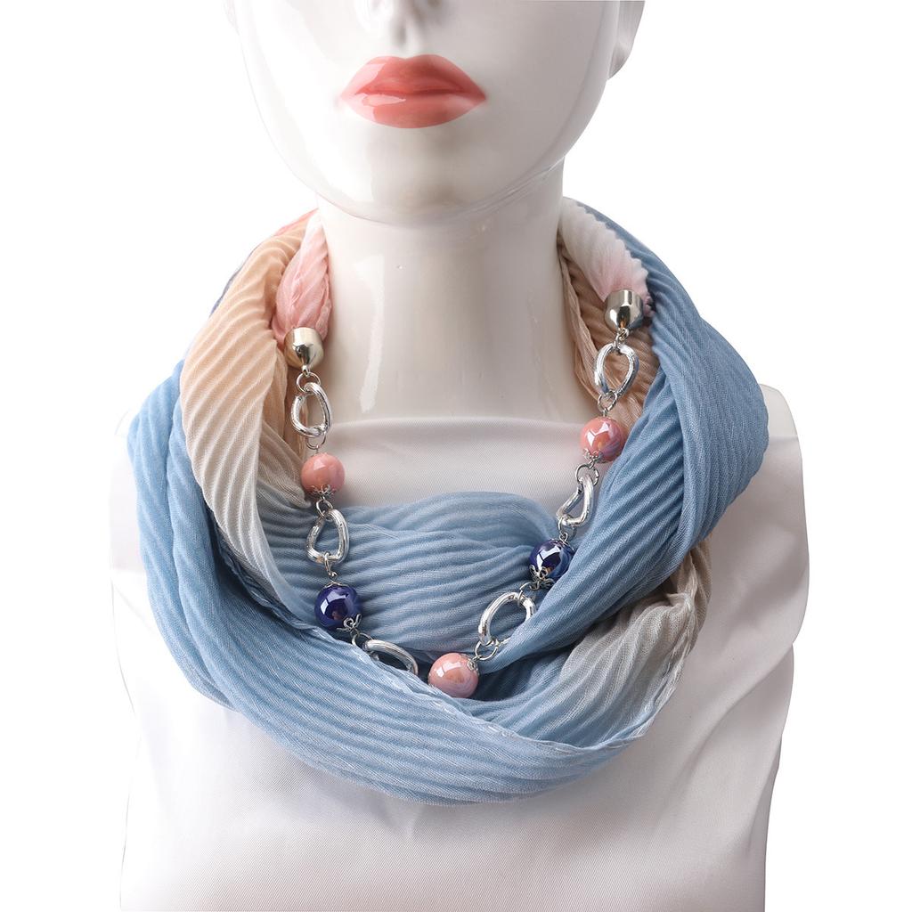 Stylish Cotton Linen Infinity Scarf with Beaded Chain Necklace – Women’s Gradient Color Scarf for Boho & Casual Fashion