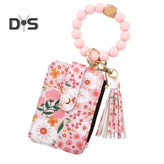 Женский кошелек-кошелек с запястьем держатель карт в стиле бохо кошелек с цветочным принтом бисерный брелок с кисточкой для ежедневных выходов в отпуск светло-розовый 949₽