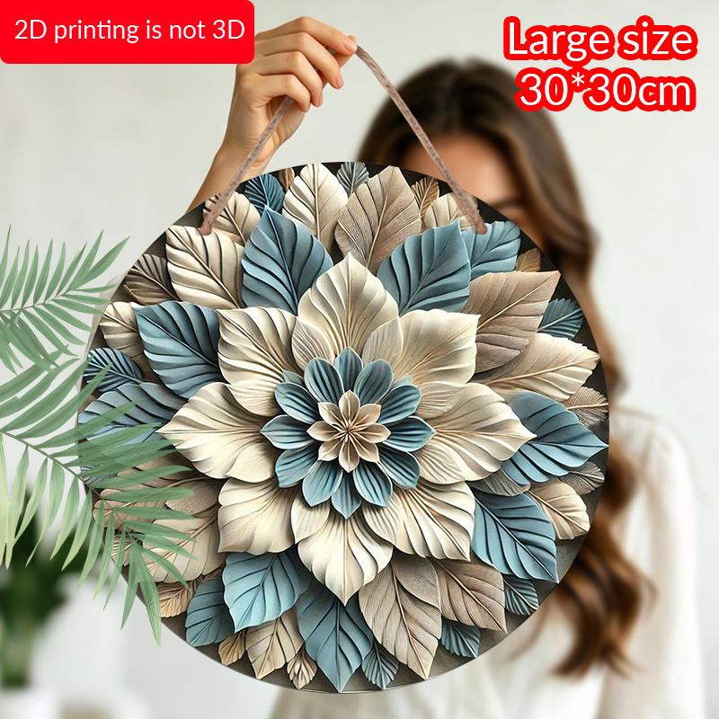 2D Flat, 1pc Round Art Metal Aluminum Wall Decor - Blue and White Leaf Floral Vintage Decorative Plaque, Suitable for Indoor/Outdoor, Durable for