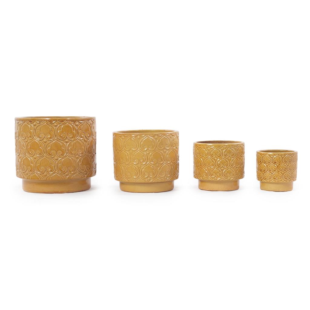 Mini Small Ceramic Plant Pot Ø19 cm, Glossy Warm Yellow Heart-Ornament Relief, Breathable Drainage Hole for Mini Succulents and Desktop Herbs