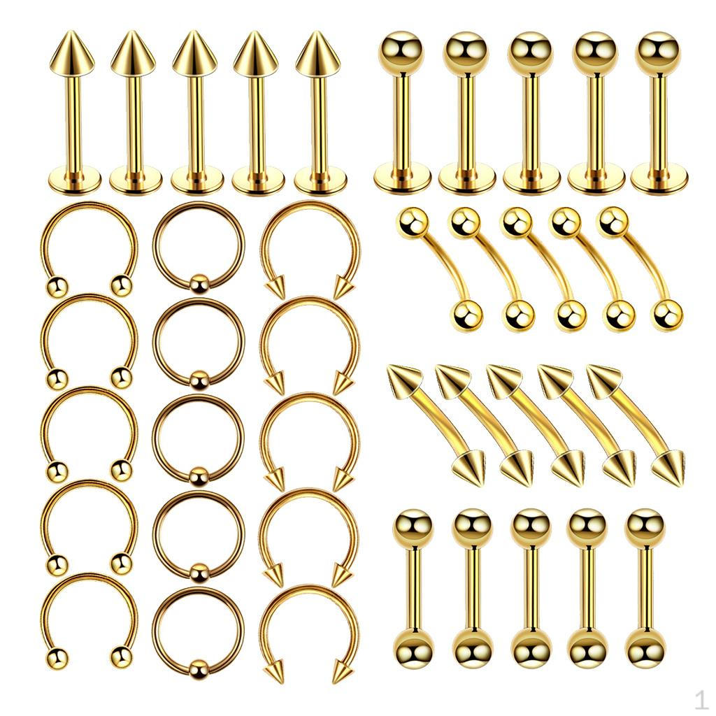 40 Pack Unisex 16G Jewelry Kit Solid Meatl Hoop Nose Ring Lip Eyebrow Navel