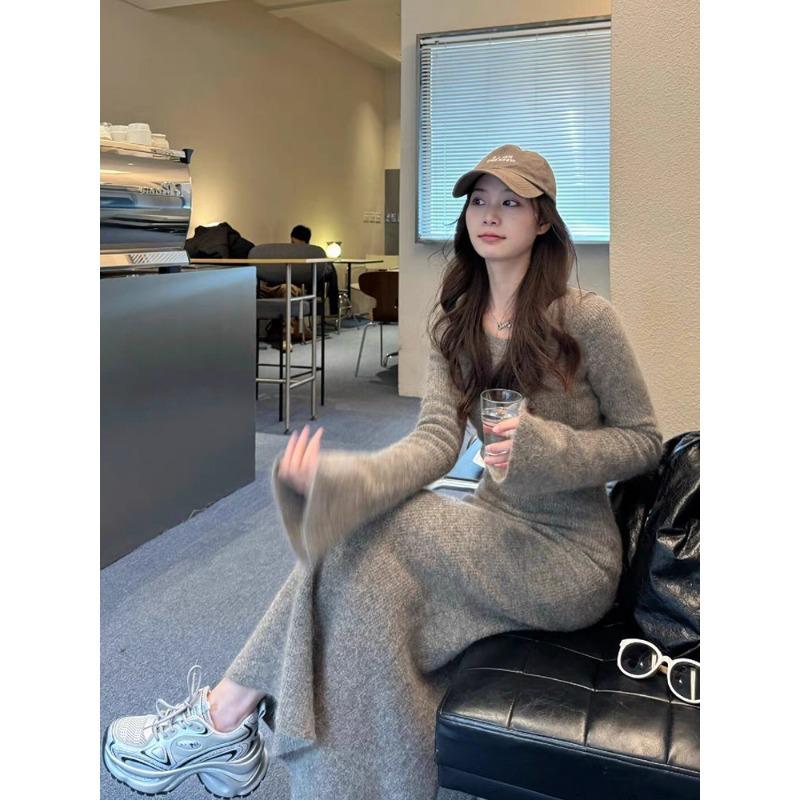 

Высокое вязаное платье новое внутреннее нижнее платье юбка на бедра круглый вырез рукав-раструб темперамент длинное платье XL