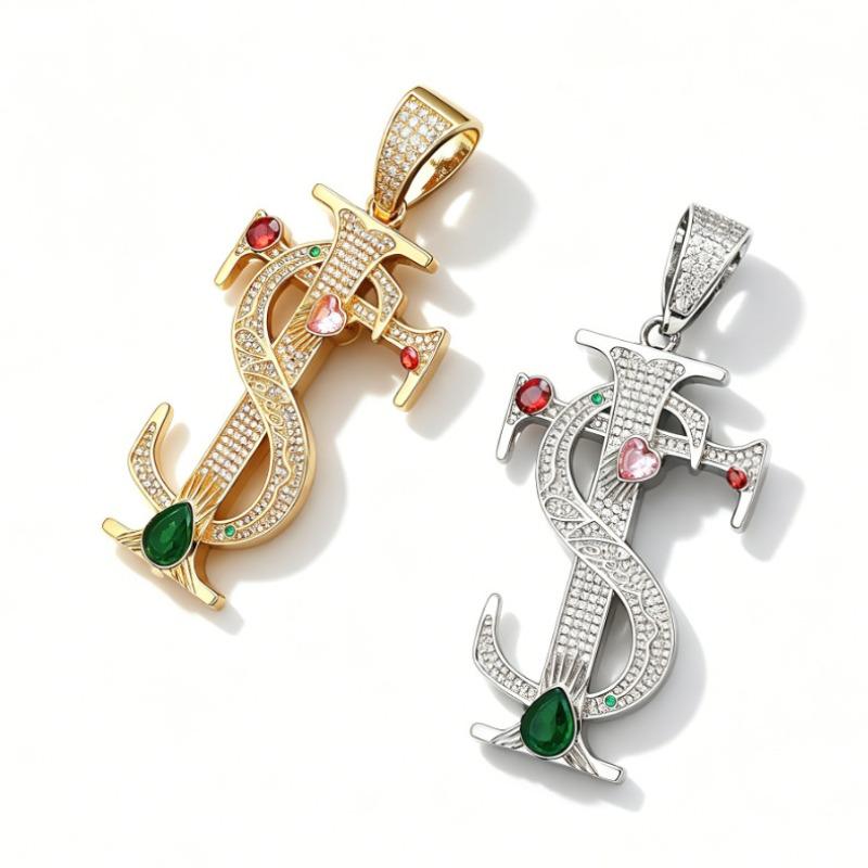 European and American Style Copper Inlaid Zircon TS Cross Pendant, Ai Zhiheng's Same Mixed Color Zircon Trendy Hip-hop Accessory Accessory