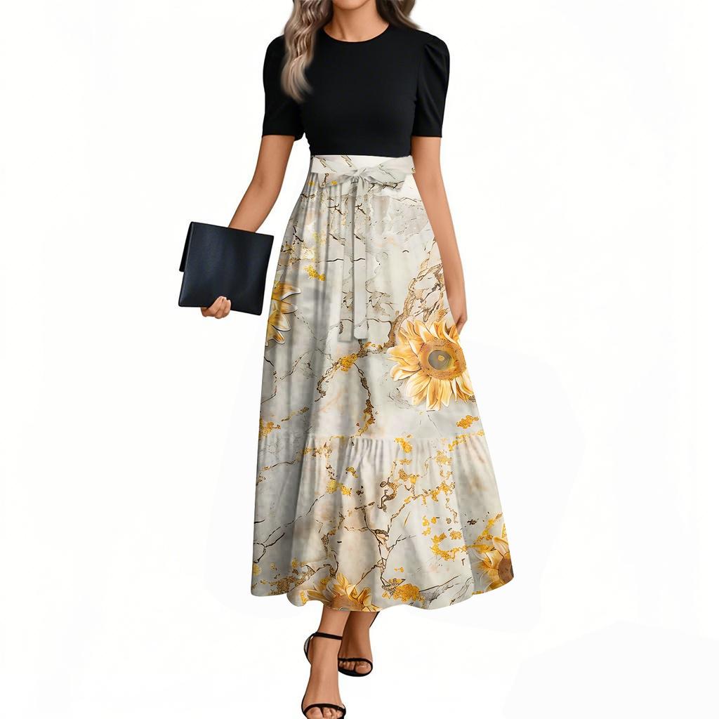 Women's Fashion Casual Belt Short Sleeve Round Neck Floral Stitching Elegant Temperament Dress