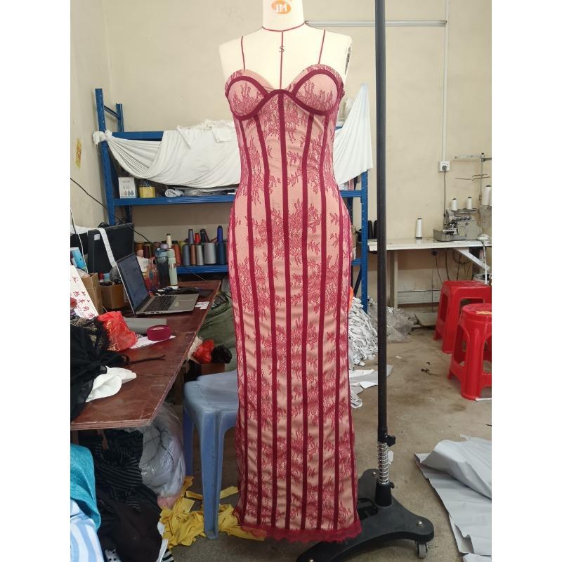 Damen Freizeit Langarm Enganliegend Spitze Träger Meerjungfrau Bodycon Langes Kleid