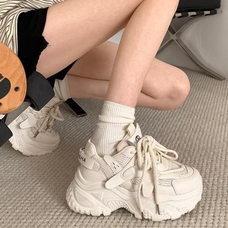Fashion Platform Women's Sneakers 2025 Spring Autumn Lace-Up Thick Bottom Vulcanize Shoes Woman Mesh Breathable Sports Shoes Ladies