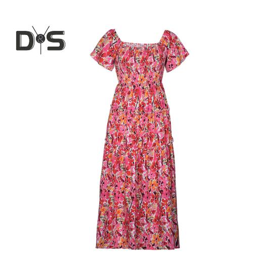 Dámské plážové šaty mimo ramena Barevný potisk květin A-line Patchwork s volným lemem lemování bez zad Krátké rukávy letní prázdninový styl midi šaty