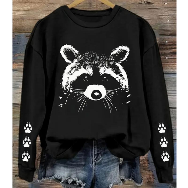 2025 Autumn & Winter Women's New Casual Crew Neck Long Sleeve Top 3D Raccoon Pattern