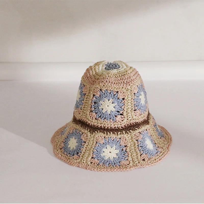 Japan Korea Crochet Beach Straw Hat Women Summer Flowers Grid Pure Hand-woven Hat Sunshade Fisherman Breathable Bucket Gorras