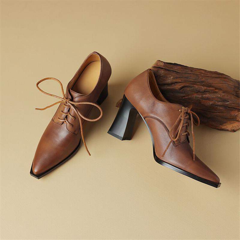 Moda Nuevos Zapatos de Mujer de Primavera de Cuero de Vaca Punta Afilada Zapatos de Salón para Mujer Encaje Tacones Altos Zapatos Mujer Mocasines Zapatos de Señora