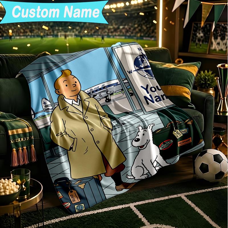 1PC Custom Name Blanket Tintin's Adventure City Flannel blankets Patterns Throw Blanket All-Season Soft Gift for Couch, Bed, Camping, Birthday gifts