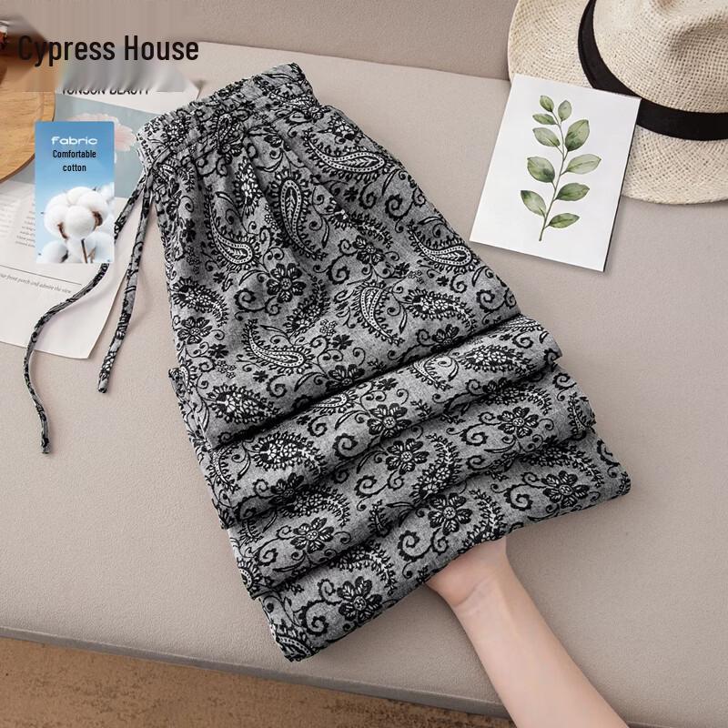 Sibaishi Women s Retro Print Elastic Waist Drawstring Wide-Leg Pants M