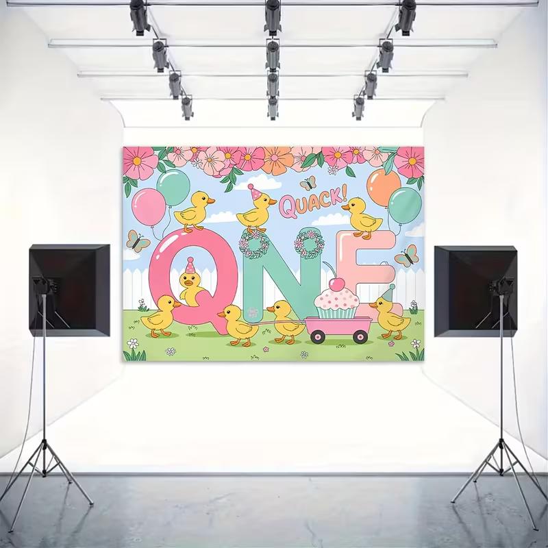

2D Quack One Duck Birthday Backdrop, Girls 1st Birthday Photography Background Banner 47.2x31.5inch/120*80cm