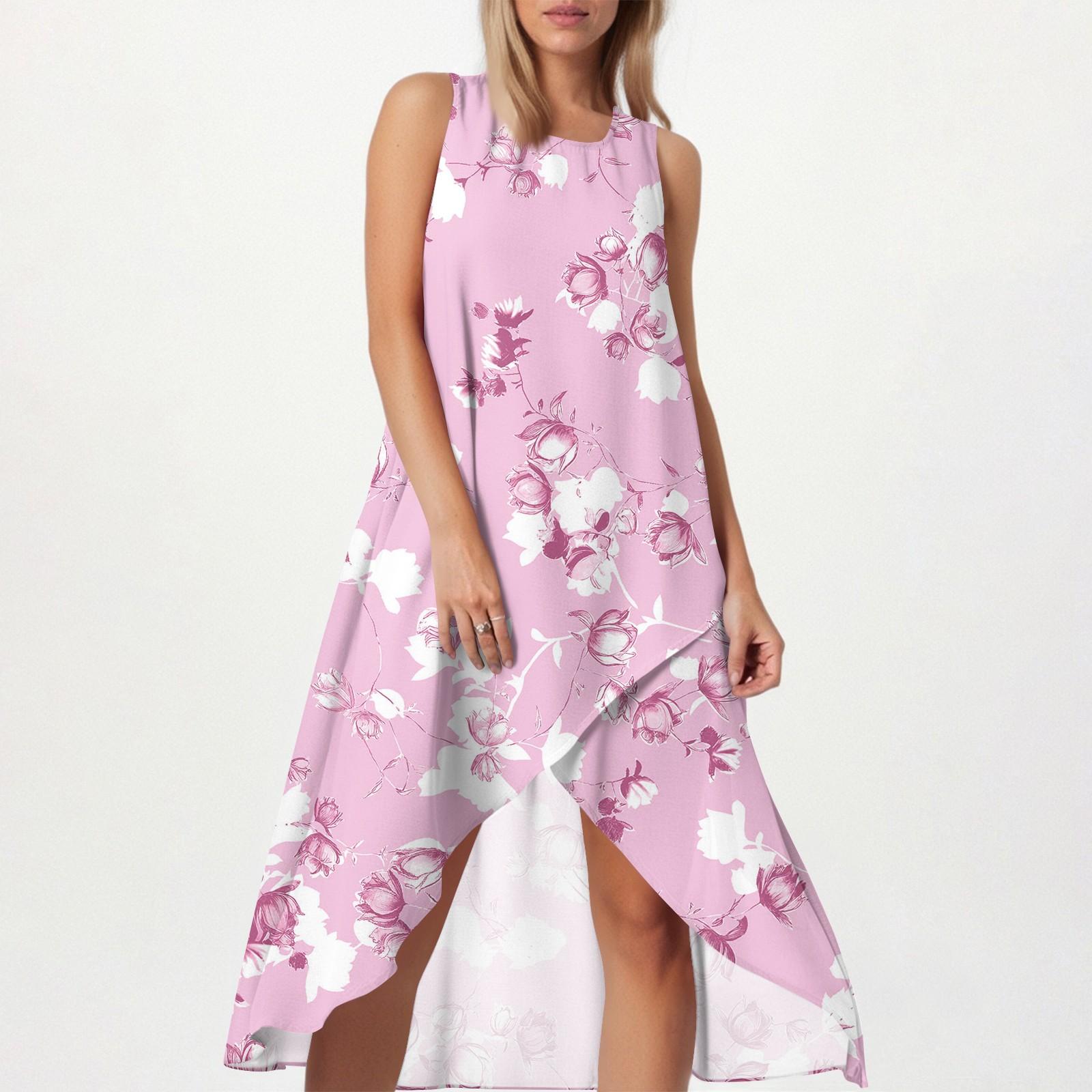 

Женское свободное повседневное модное платье с квадратным круглым вырезом, однотонное, пляжная юбка с разрезом сбоку, без рукавов, юбка из хлопка и льна M розовый