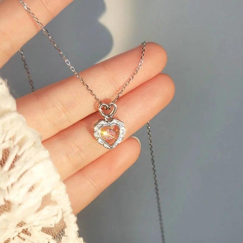 2023 Crystal Zircon Bow Knot Heart Pendant Necklaces Y2K Pink Heart Ladies Girls Fashion Elegant Clavicle Chain Women Jewelry