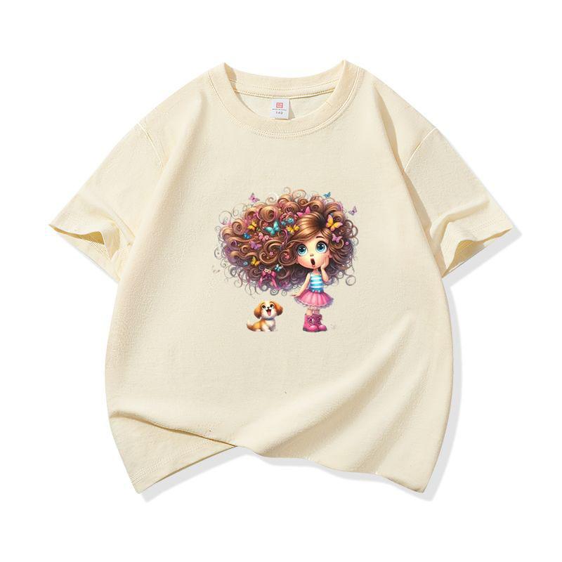 Kids Cotton T Shirt Girl With Floral Hair And Puppy Dog Print Crew Neck Short Sleeve Tee Casual Boys Girls Summer Tops