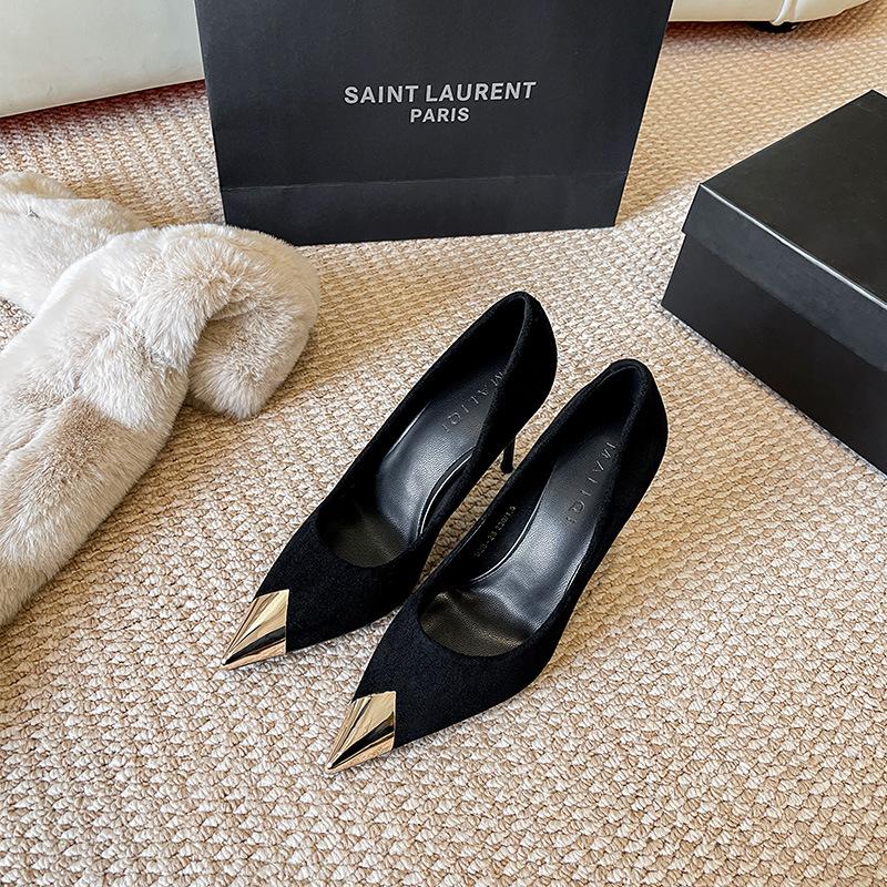 Suede summer new high-heeled shoes with metal pointed tips women's black work shoes