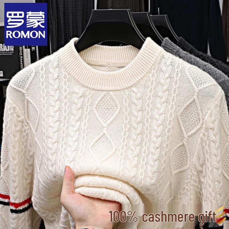 ROMON Men's 100% Cashmere Jacquard Round Neck Sweater