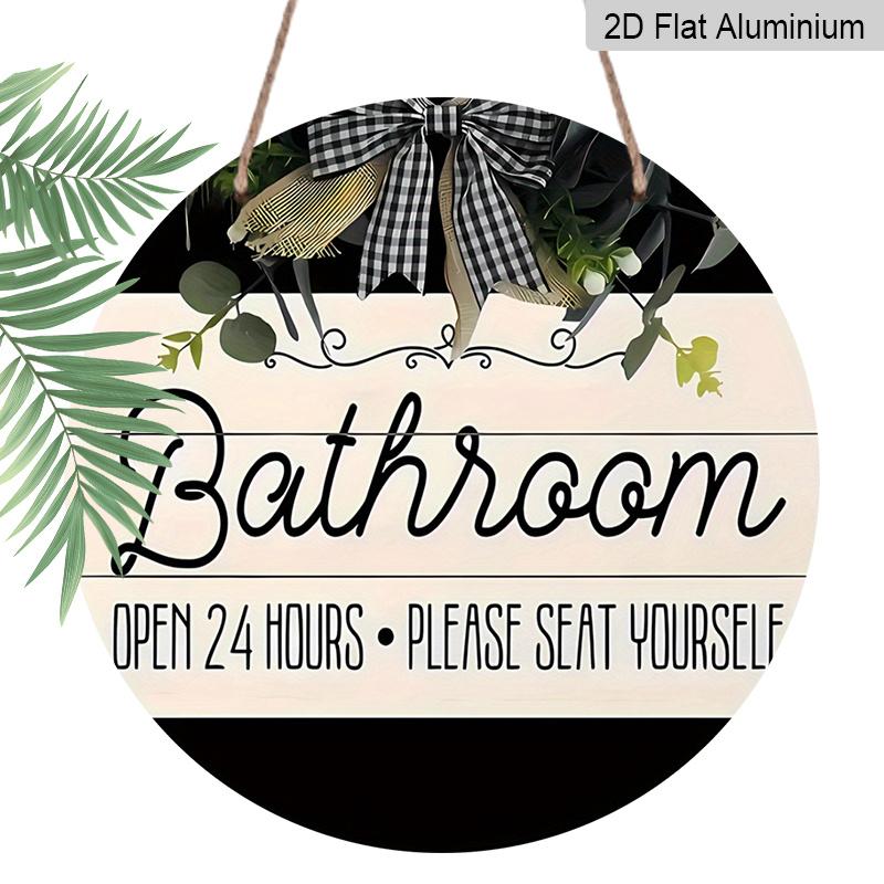 

2D Flat, 1pc Rustic 7.87-Inch Round Aluminum Sign Please Seat Yourself Bathroom Wall Decor with Greenery & Buffalo Plaid Bow - Durable Aluminum 1pc