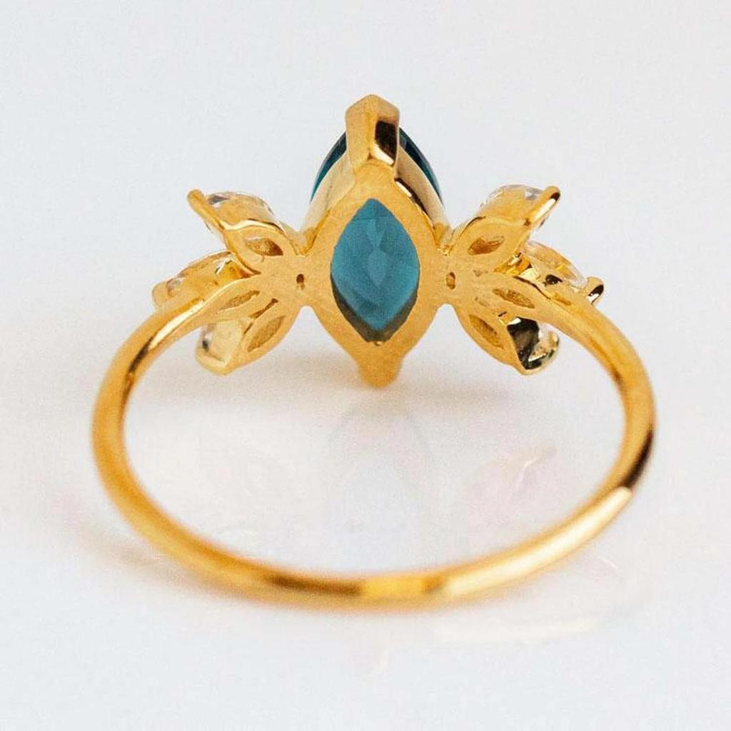 Marquise Cut Teal Green Sapphire Gemstone Ring – Gold Plated Leaf Design Engagement Ring, Vintage Anniversary Jewelry Gift for Women