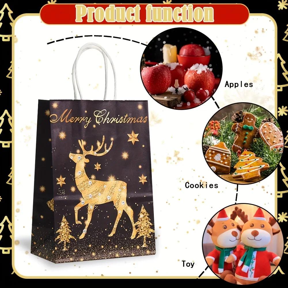 6/12Pcs Gold Black Kraft Gift Bags with Handle Elk Snowflake Christmas Tree Bronzing Paper Bag Merry Christmas Party Favors Bag