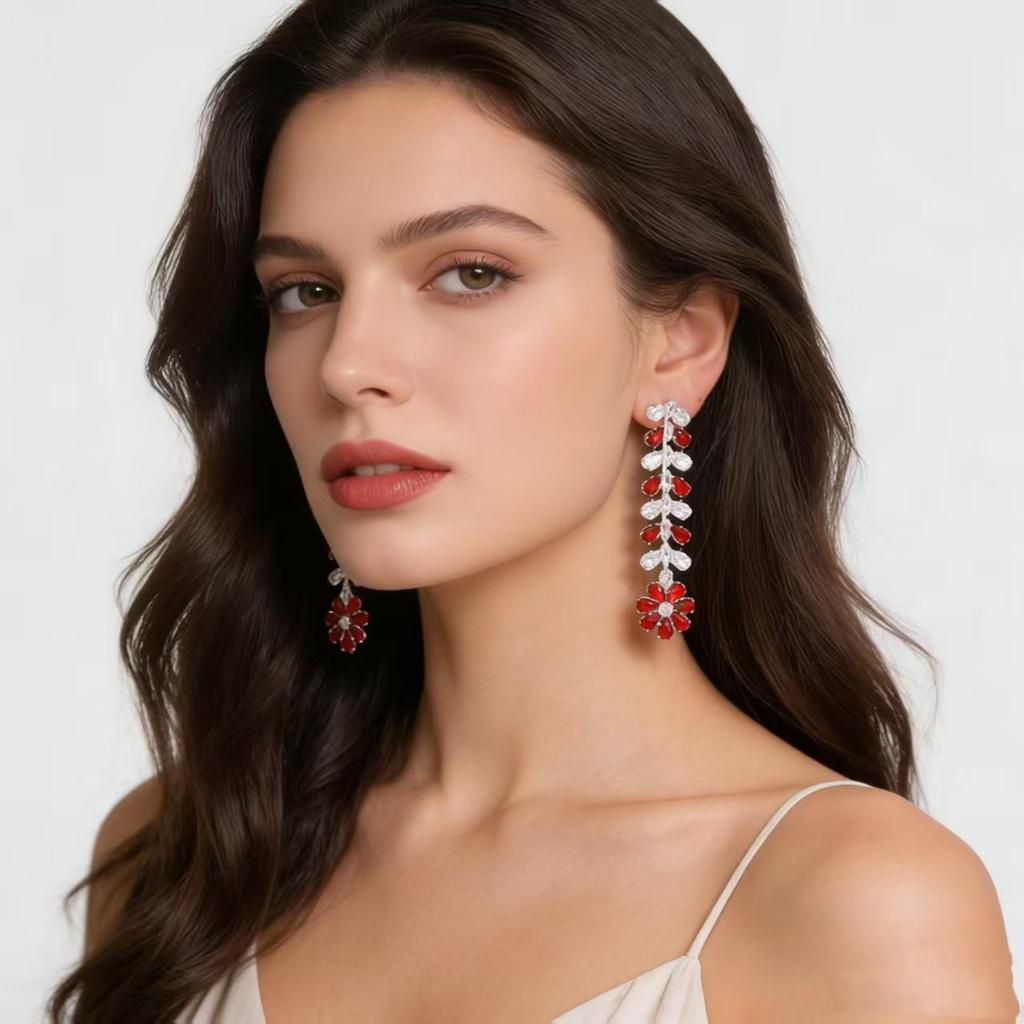 French Luxury, Elegant Red Flower Zircon Earrings, Versatile Evening Dress Accessories, Slim Face, Fashionable Long Earrings